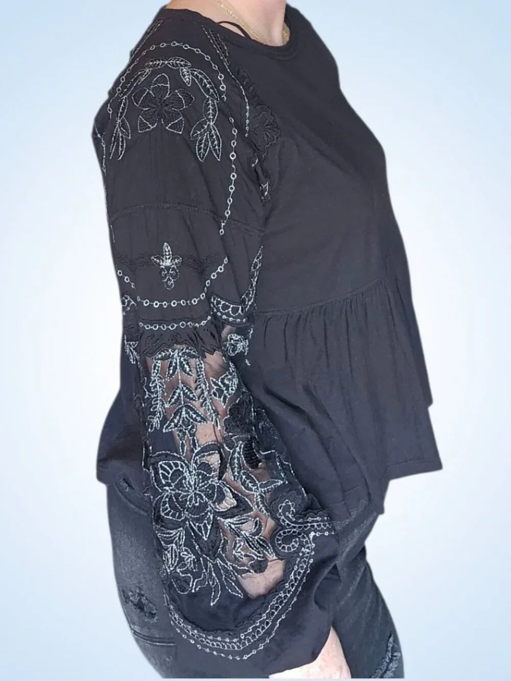 Free People Penny Tee Black Embroidered Sleeve Babydoll Top XS